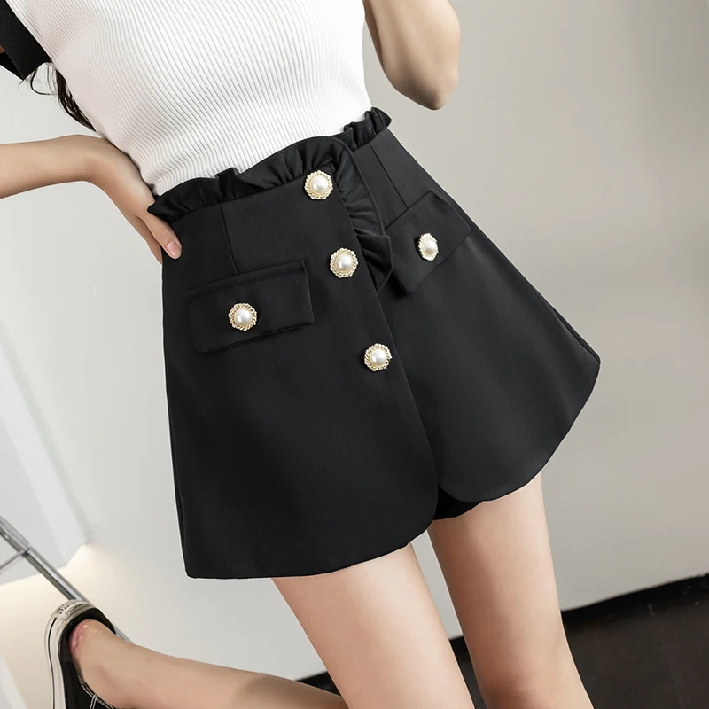 plus size clothing 2022 New Korean Style Ruffles Shorts High Waist Single Breasted Pearl Buttons Shorts Skirts Irregular Fashion Wide Leg Short gym shorts Shorts