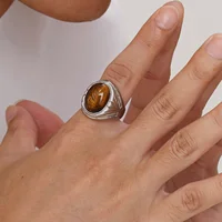 Brown Oval Rings for Men Boys,Natural Tiger Eye Stone Stainless Steel Ring,Punk Jewelry Gifts to Father Dad Husband Boyfriend