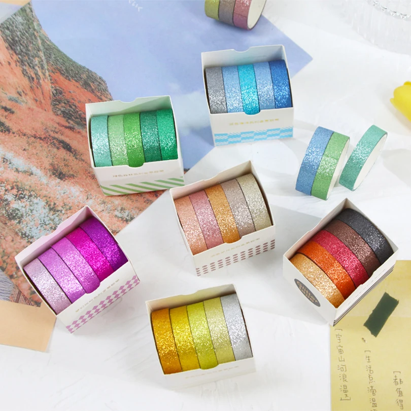 5Pcs Glitter Washi Tape Set Basic Masking Tape Journal Supplies Washitape Stationery Scrapbooking Album Decorative Adhesive Tape