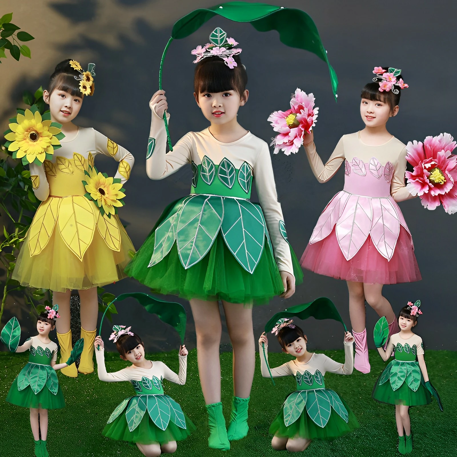 

Children's Dance Dress Grass Spring Dawn Jasmine Green Performance Dress Flower Blossoming To Sun Sunflower Pengpeng Gauze Dress