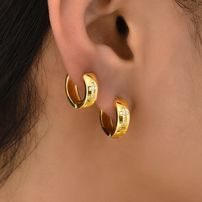 New Gold Plated Small Circle Hoop Earriings For Women Fashion Tiny Cz Zircon Cross Huggie Ear Buckle Jewelry Gift