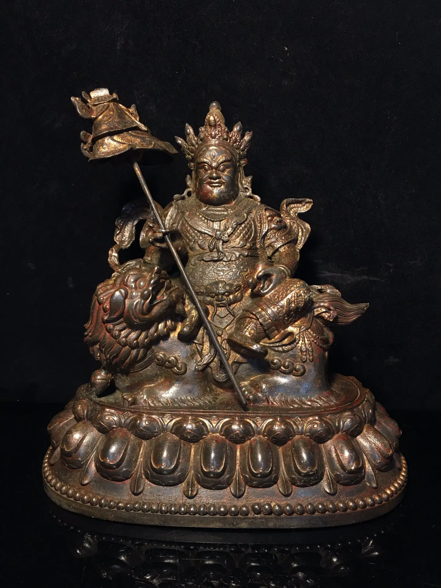 

9"Tibetan Temple Collection Old Bronze Cinnabars Treasure King Buddha Backlight ride Mythical Animals Enshrine the Buddha