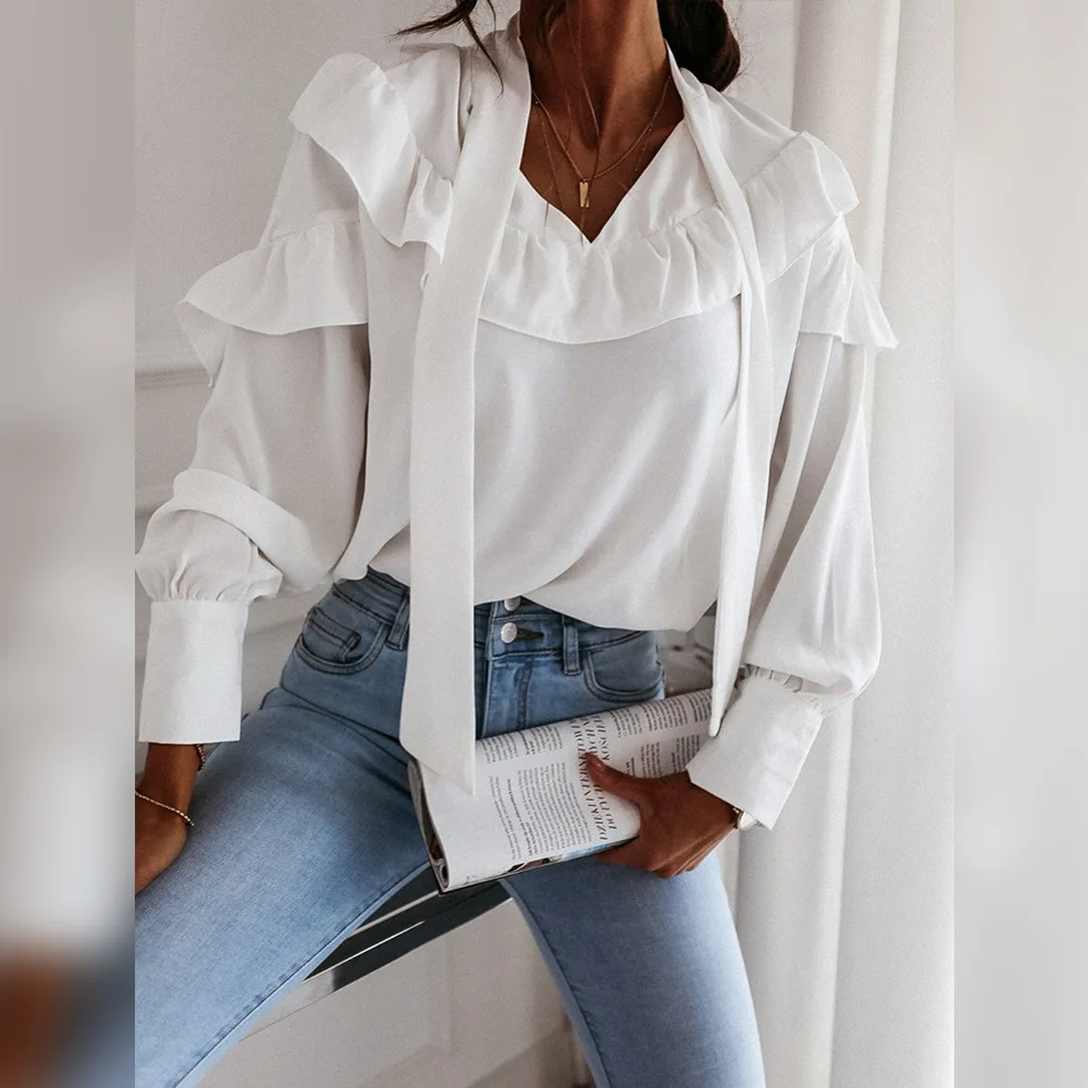 New European and American long sleeve blouse with collar and ruffled edge korean reviews many clothes