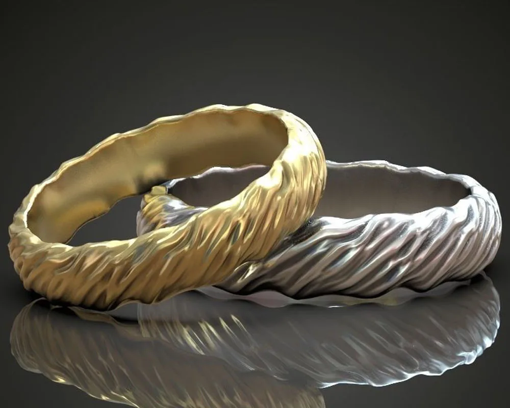 

3-6g Wedding Wavy Natural Shape Pattern Gold Couple Rings 925 Solid Sterling Silver Rings