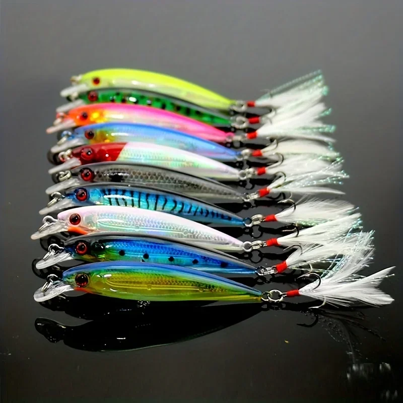 10 leurres artificiels minnow avec plume pour attraper sandre et perche, appâts crankbait 9cm 7g pour pêche rapide