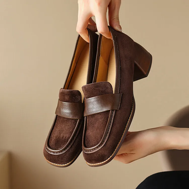 

2023New Brown Suede Women Shallow Pumps British Square High Heels Vintage Design Zapatos Femininos Black Chaussure Mujers