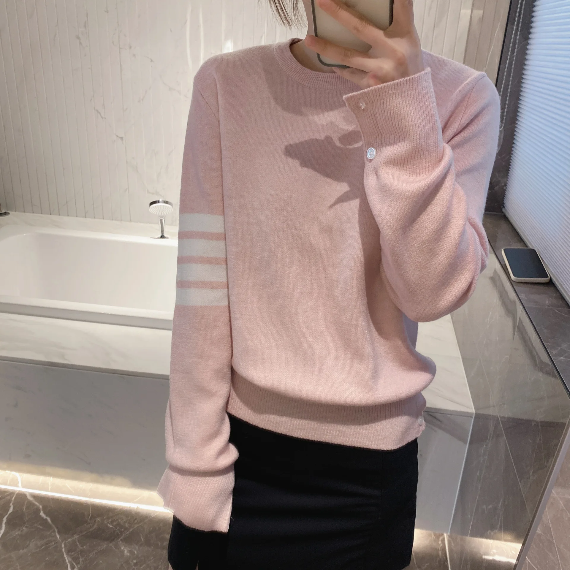 

High Quality TB Korean Fashion Stickman Pink White Sleeve Sweater Tops