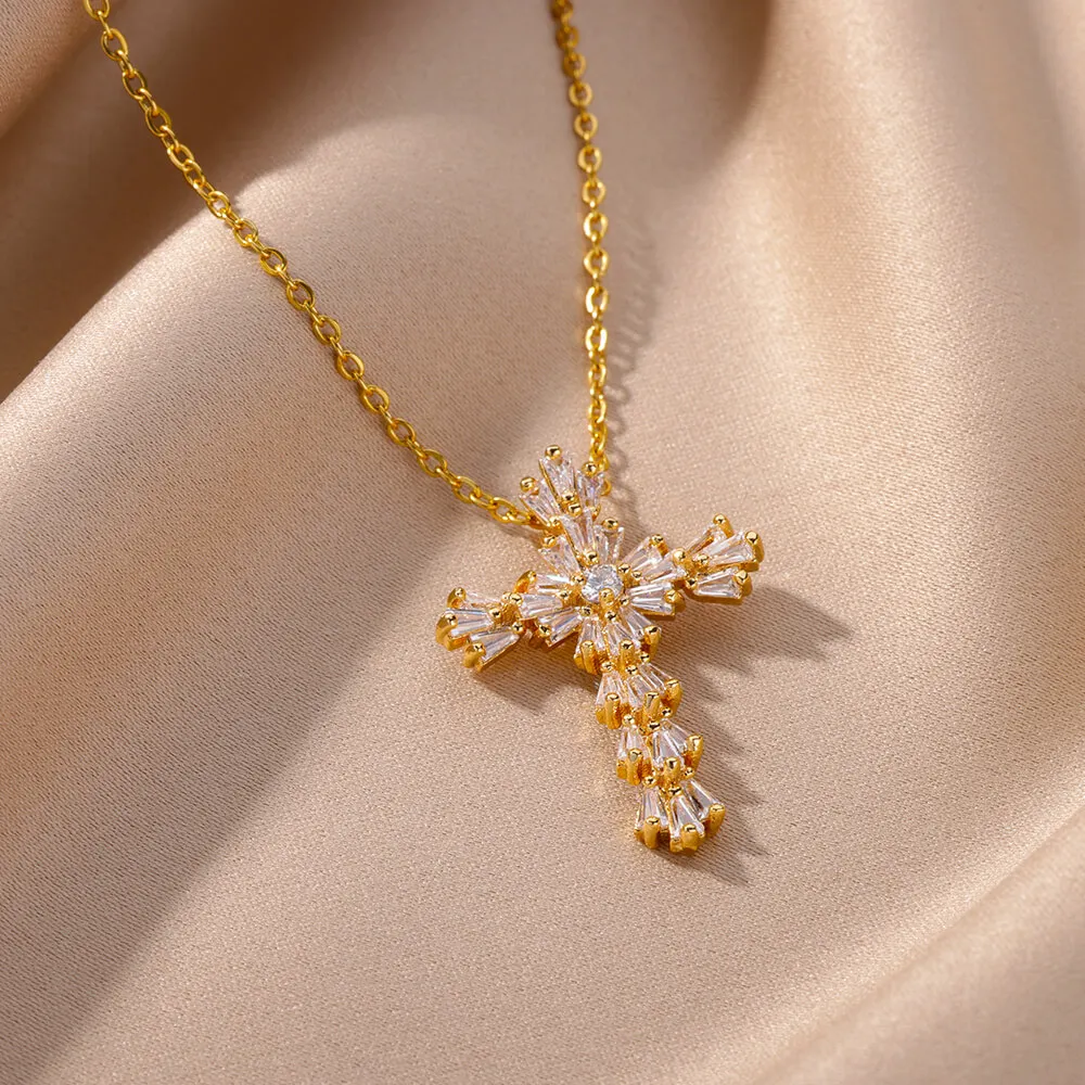 Fashion Zircon Crystal Cross Pendant Necklace for Women