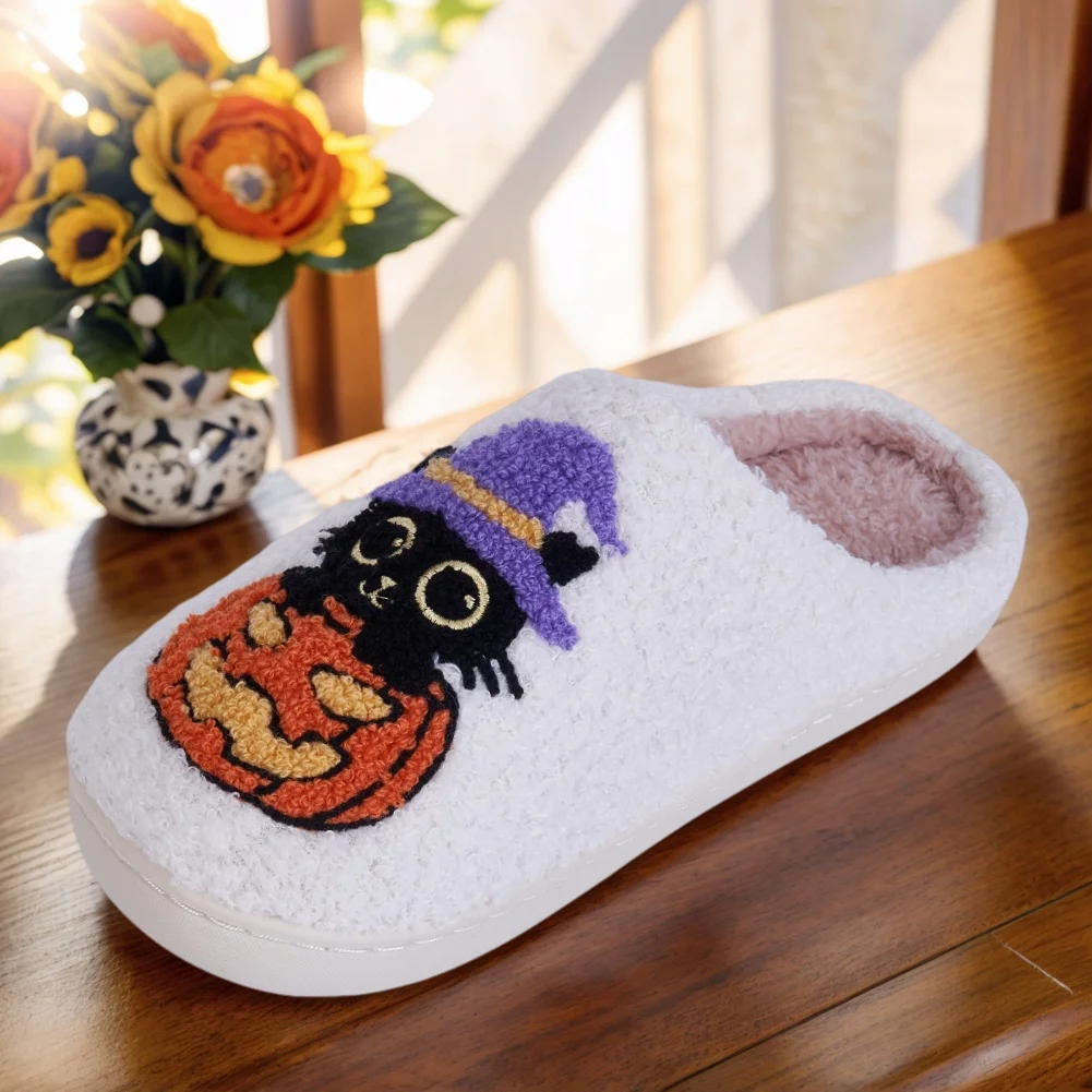 Herbst Winter Halloween Hausschuhe Frauen Schwarze Katze Kürbis Niedlichen Geist Plüsch Hausschuhe Flauschigen Bequeme Warme Indoor Hause Hausschuhe – Detail 3