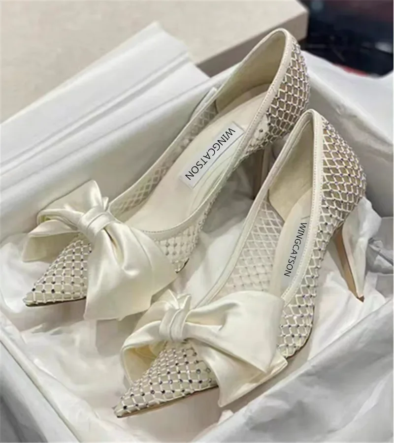 High Heel Women's 2024 New Mesh Rhinestone Bow Pointed Thin Heel Sexy Shallow Mouth Shoes Mesh Red Women's Wedding Shoes