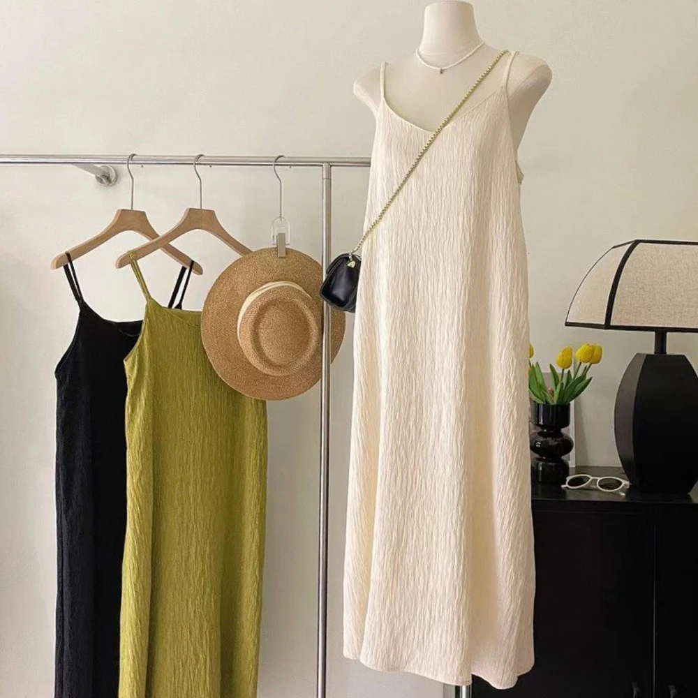 Office Lady Sleeveless Pleated Midi Dress Women Size S-XL Pink Purple White Black Casual Basic Knitted Folds Dresses Girl's 1