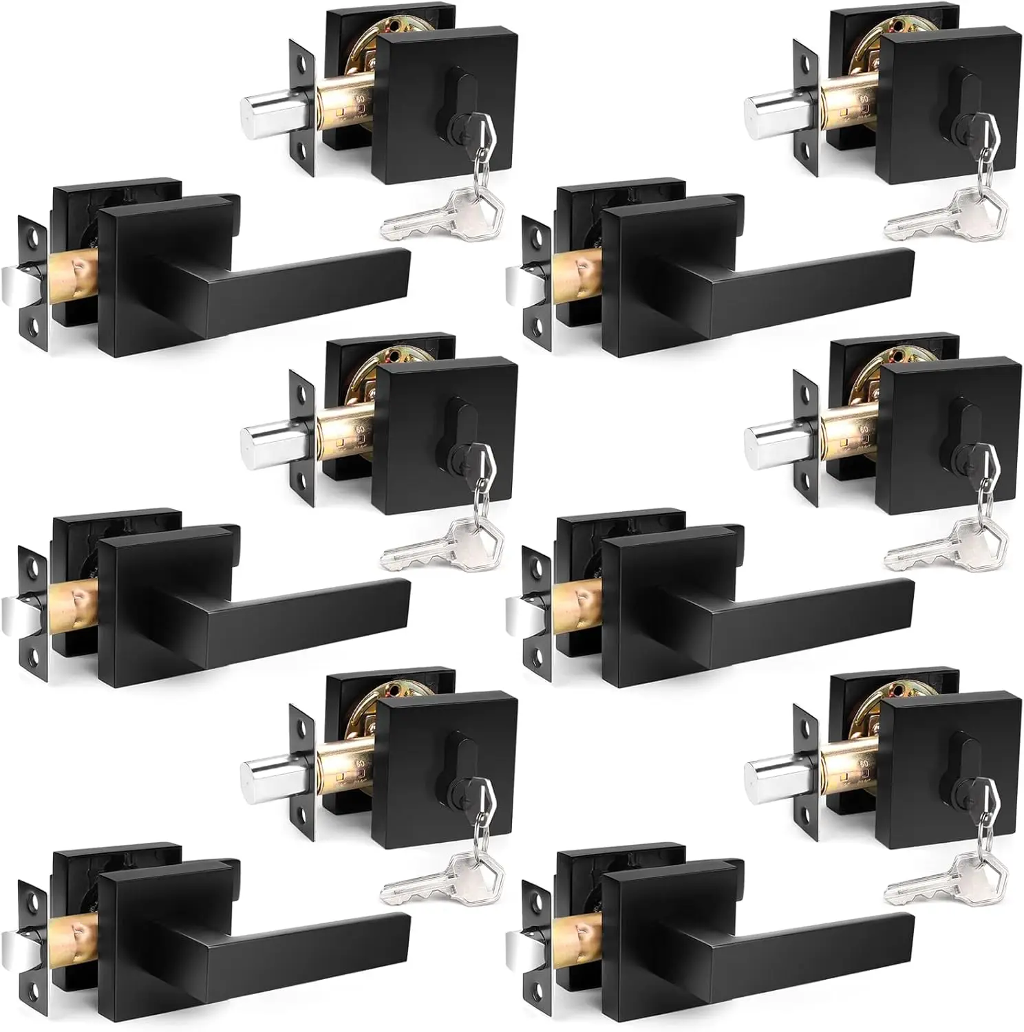 Flat Black Passage Door Lever with Single Cylinder Deadbolts Combo Pack, Modern Square Lock Set