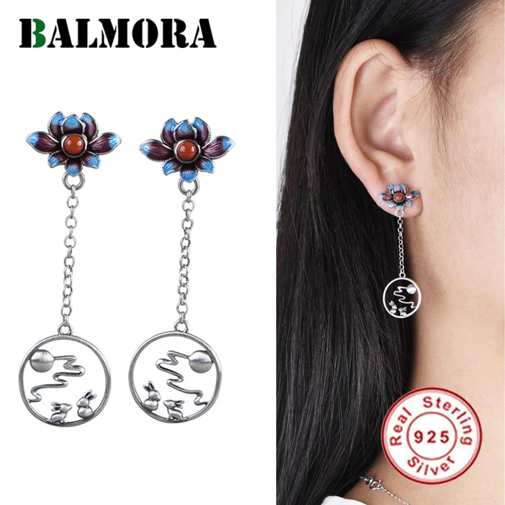 

BALMORA S925 Silver Enameling Blue Lotus Red Agate Tassel Chain Earring For Women Moon Jade Rabbit Earring Dangler Daily Jewelry