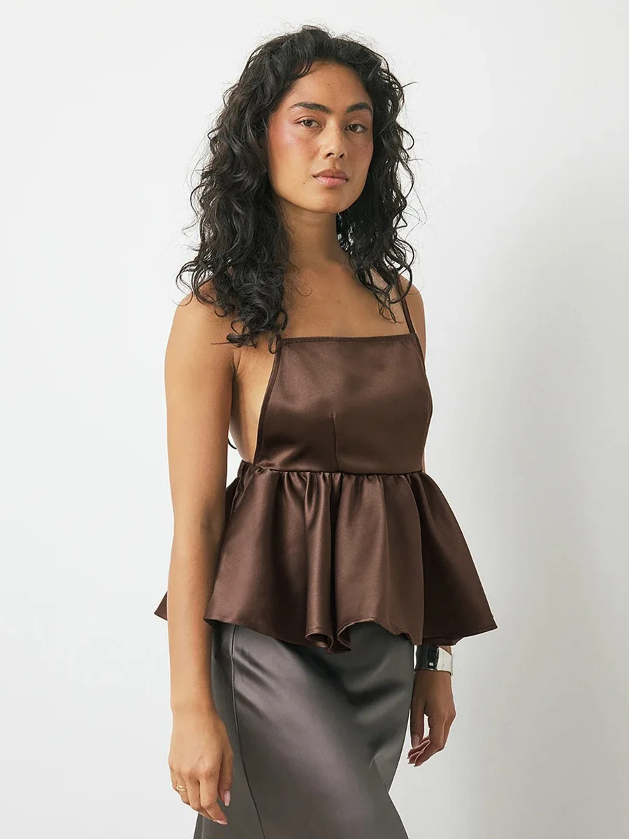 Bornladies 2026 Summer New Women's Satin Cami Top Smooth Satin Sexy Open Back Adjustable Strap Sleeveless Ruffle Peplum Top