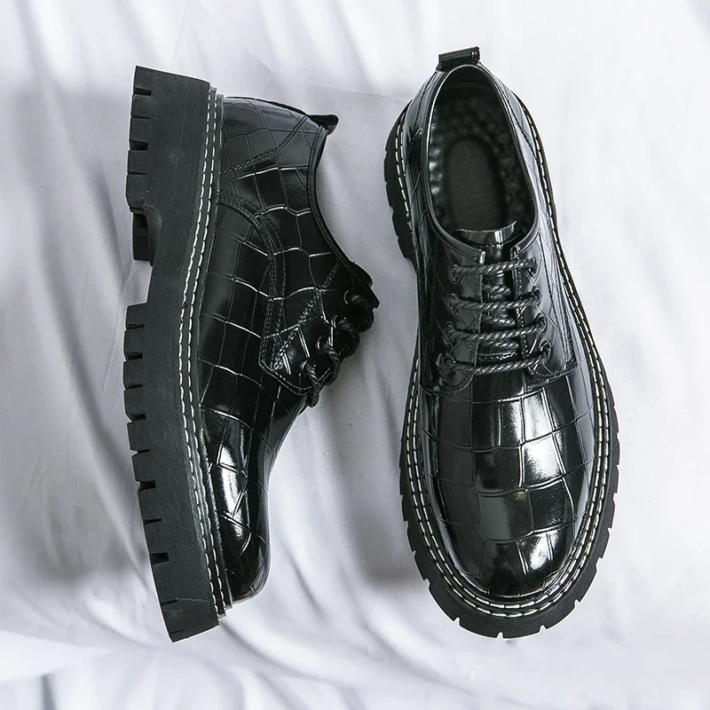 Men Shoes Lace-up Round Toe Stone Pattern Dress Shoes Size 38-46