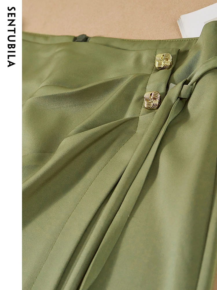 SENTUBILA Elegant Skirt 2 Piece Set Women Autumn Outfits 2023 Fashion Polo Neck Shirt Ruched Slit Satin Skirts Sets 123Z43116