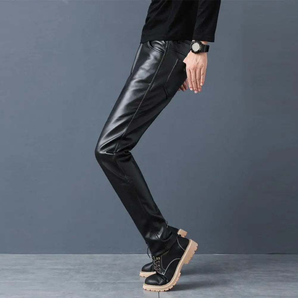 Spring Men Faux Leather Pants Elastic High Waist Lightweight Casual PU Leather Trousers Thin Causal Trousers pantalones hombre 5