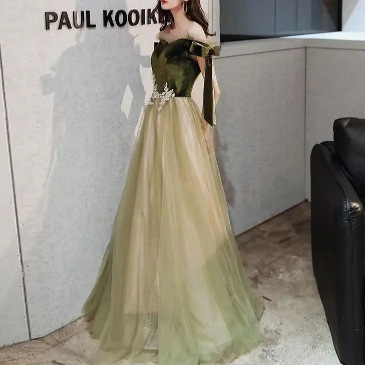 

Olive Green Evening Dresses A-Line Boat Neck Tulle Off The Shoulder Exquisite Bowknot Appliques Ruched Woman Formal Banquet Gown