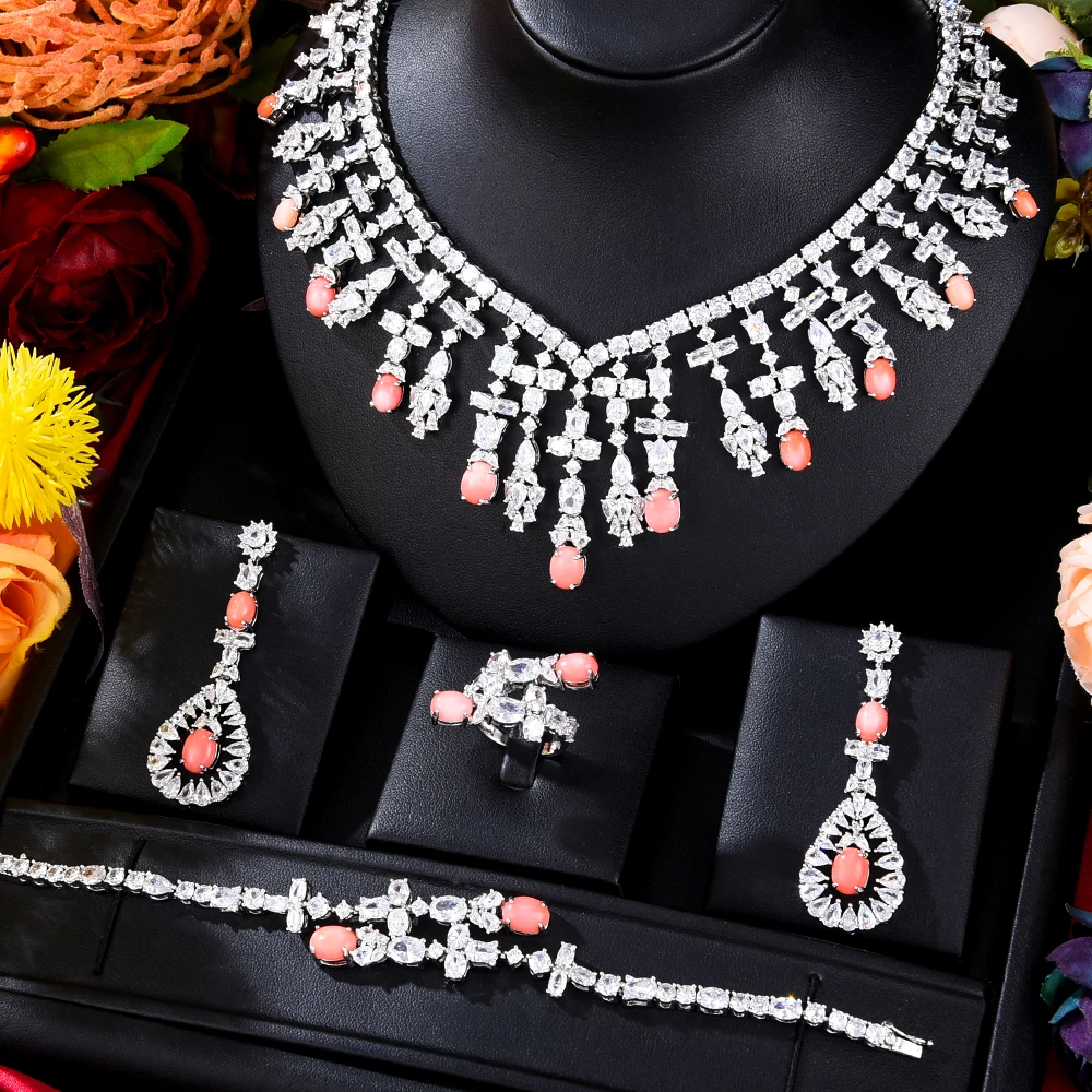 GODKI Lovely Real Pink Coral African Jewelry Sets For Women Wedding Full Micro Cubic Zirconia Dress Necklace Earring Sets