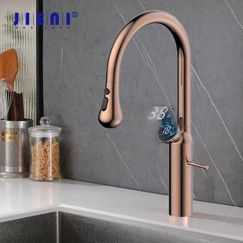 JIENI Rose Gold ก๊อกน้ําห้องครัว 360 หมุน 3-Way ทองเหลืองที่ถอดออกได้ก๊อกน้ําอ่างล้างจานจอแสดงผลอุณหภูมิ LED ร้อนเย็น TAP 1