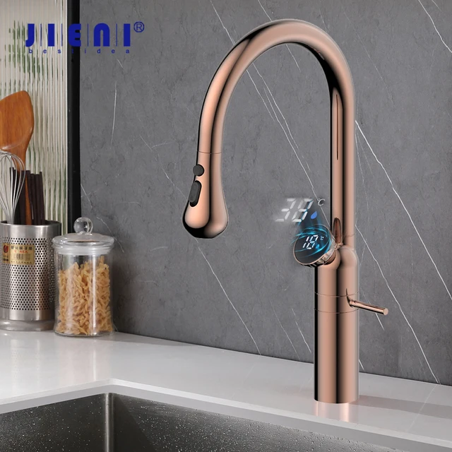 JIENI Rose Gold ก๊อกน้ําห้องครัว 360 หมุน 3-Way ทองเหลืองที่ถอดออกได้ก๊อกน้ําอ่างล้างจานจอแสดงผลอุณหภูมิ LED ร้อนเย็น TAP 1