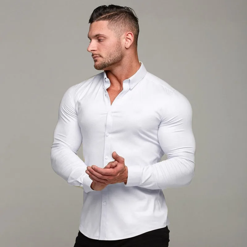 Muscle Fitness Long Sleeve Stand Collar Shirt Stretch Thin Solid Sports Casual Business Iron-Free Shirt Tide shirt