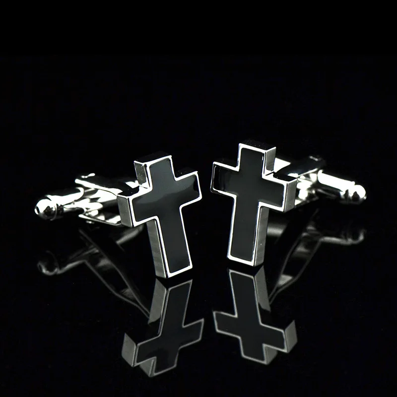 

JHSL Brand Fashion Men's Jewelry Silver Color Copper Black Enamel Men Christian Cross Cufflinks