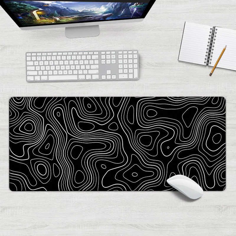 대형 게이밍 마우스 패드, 블랙 화이트 등고선 게이머 대형 마우스 매트, 컴퓨터 게임 잠금 엣지 마우스 패드, 키보드 데스크 마우스 패드