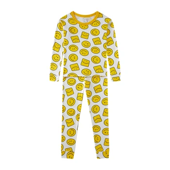 Unisex Kids Pajamas Set 2-8 Years 100% Cotton Smiley Face Print Yellow Long Sleeve Sleepwear  All-Season Air Conditioning  PJS
