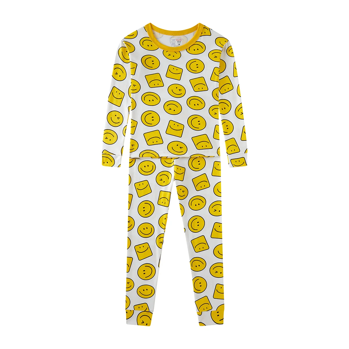 Unisex Kids Pajamas Set 2-8 Years 100% Cotton Smiley Face Print Yellow Long Sleeve Sleepwear All-Season Air Conditioning PJS