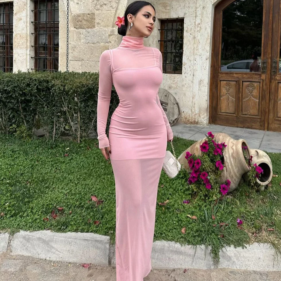 Conjunto de dos piezas de malla para mujer, vestido mini transparente, ajustado, sexy, de moda, de manga larga, con retazos, otoño 2025