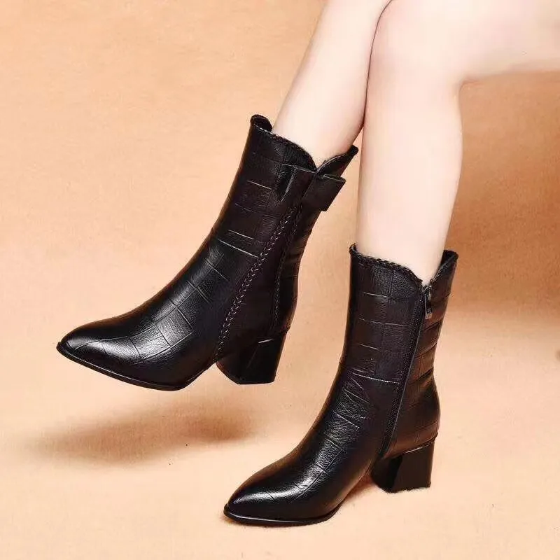 Autumn Women's Shoes Fashion Bowknot Chunky Heel Platform Ankle Boots for Women Plus Size Ladies Mid-calf Boots Zapatos De Mujer