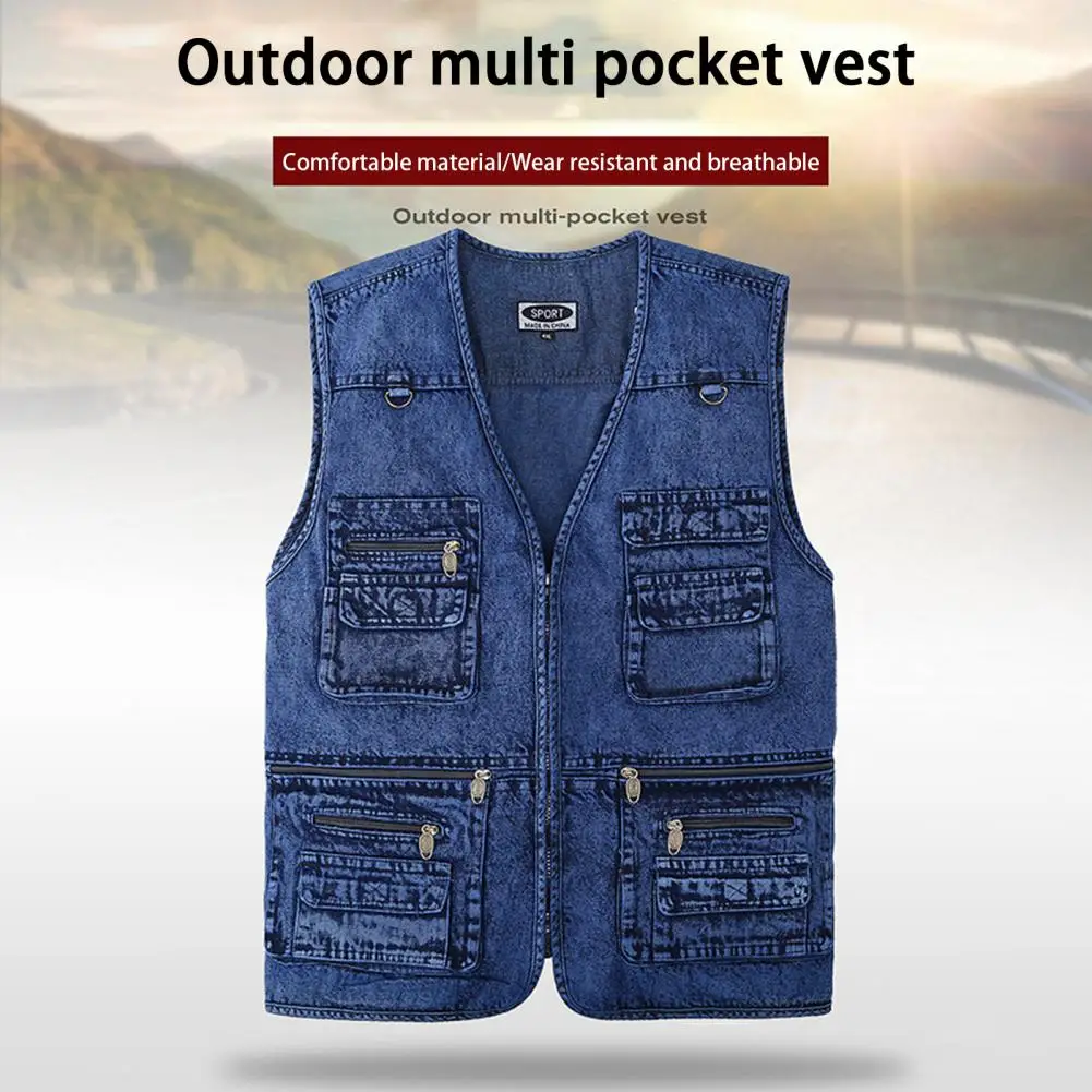 Spring Autumn Men Vest Multiple Pockets Solid Color Streetwear Plus Size Loose V Neck Sleeveless Outerwear Waistcoat for Fishing