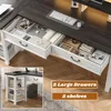55" Computer Desk, Office Desk with Drawers, L Shaped Desk with Long Monitor Stand, Farmhouse Desk with Power Outlets LED Lights 3