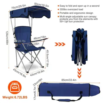 Camping Chair with Canopy, Outdoor Folding Lounge Chair with Adjustable UPF 50+ Sun Shade & Cup Holder, Portable Camping Recline 2
