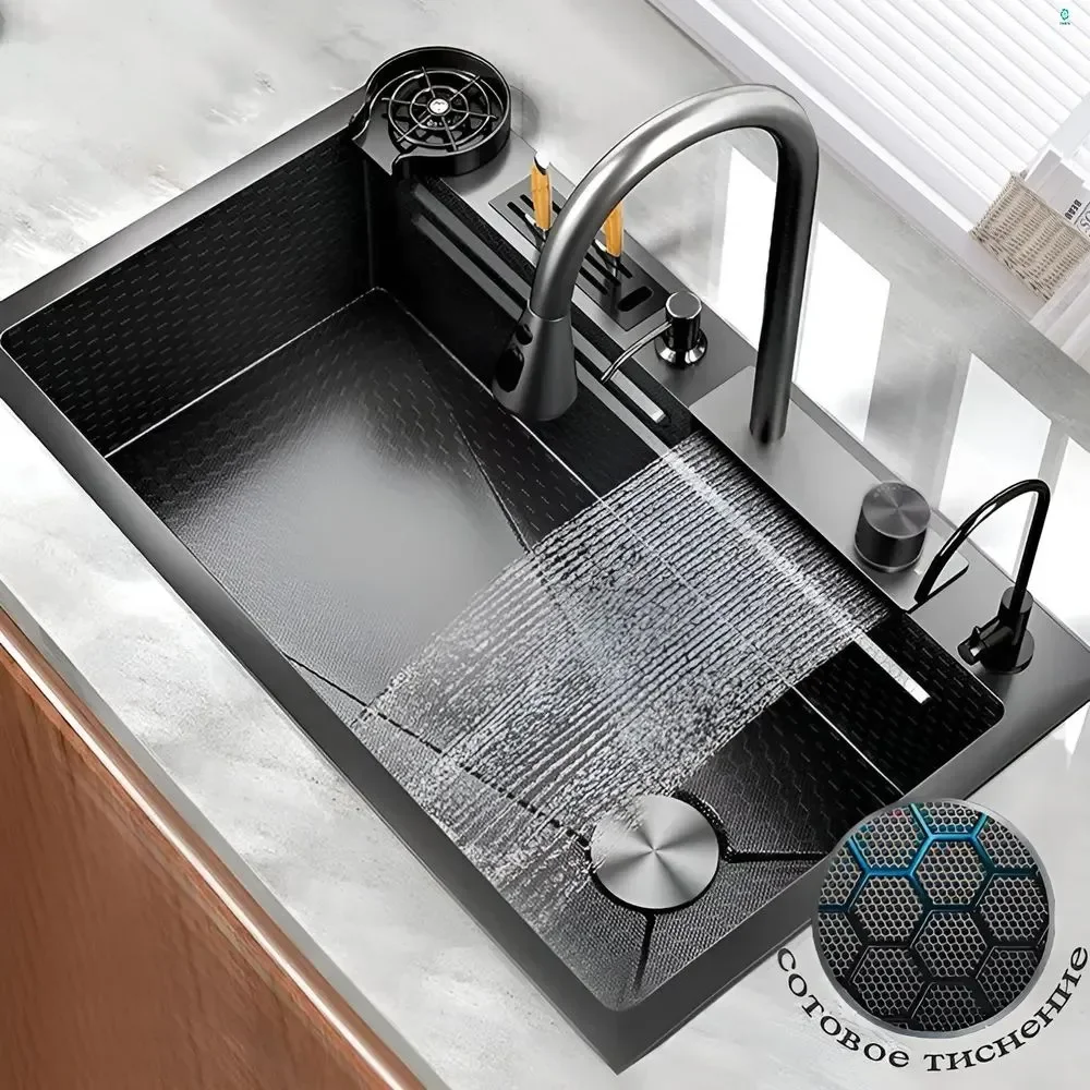 Smart Sink Waterfall Brass Faucet Intelligent Stainless Steel Multifunction Large Single Wash Basin Whale Rain Sink Kitchen