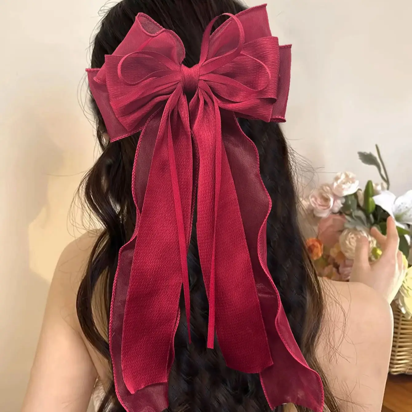 1Pc Mädchen Wein Rot Bogen Band Haar Clip Neue Nette Barrettes Clip Gaze Band Bogen Mesh Garn Haarnadel Frauen haar Zubehör – Detail 6
