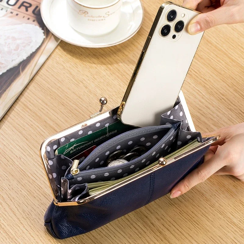 Genuine Leather Long Clutch Wallet Clip Bags Vintage Coin Purse Card Holder Key Lipstick Storage Phone Pouch Case for Women