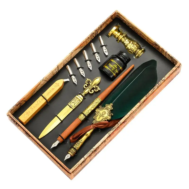 

Quill Pen And Ink Set Antique Feather Pen For Writing Quill Pen Set Includes Feather Dip Pen Ink Replacement Nibs Wax Seal