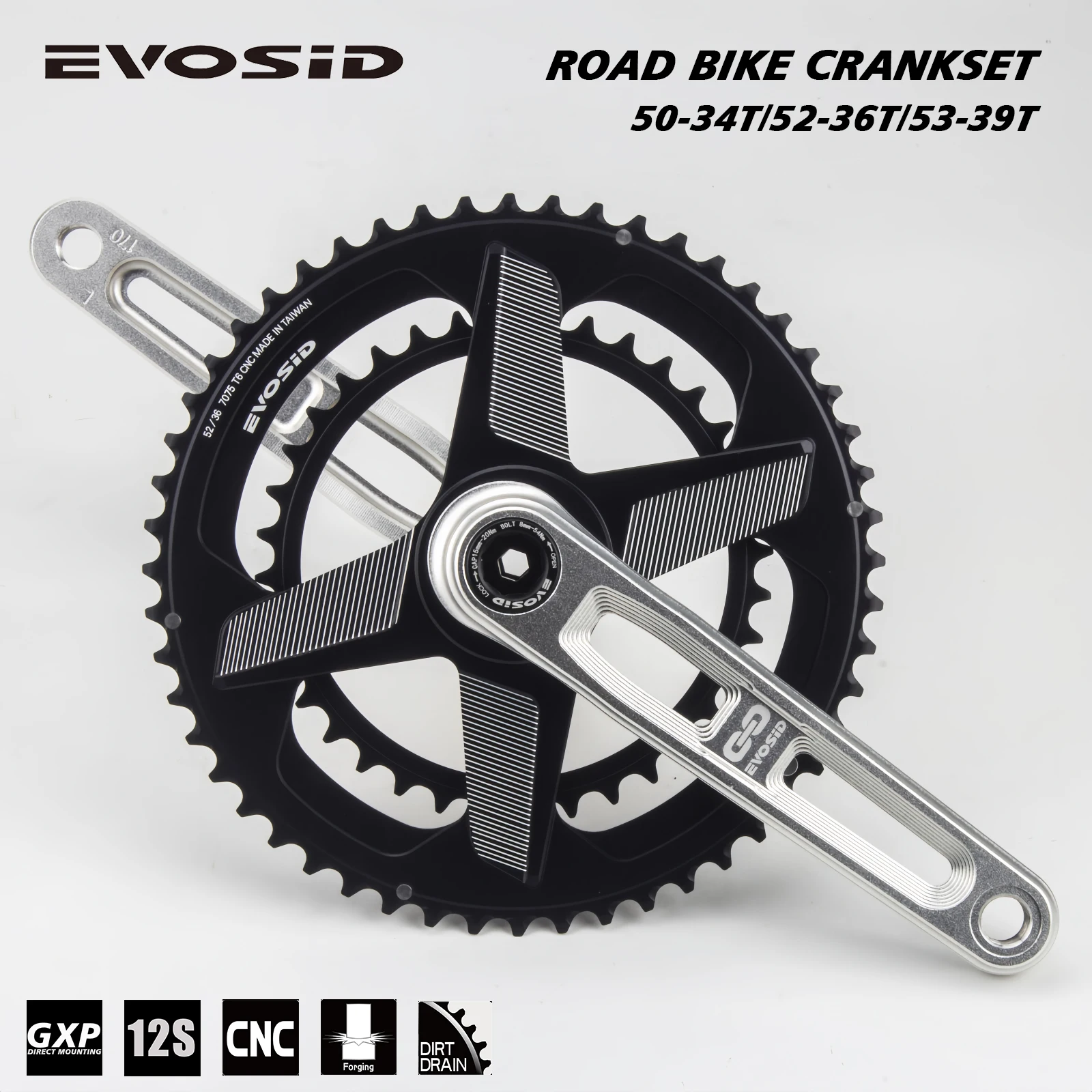 

EVOSID ROAD Bike Crankset 52-36T GXP Ultralight 12 Speed 2X Chainring Hollow Tech Crank 165mm with Bracket CNC Folding Crankset