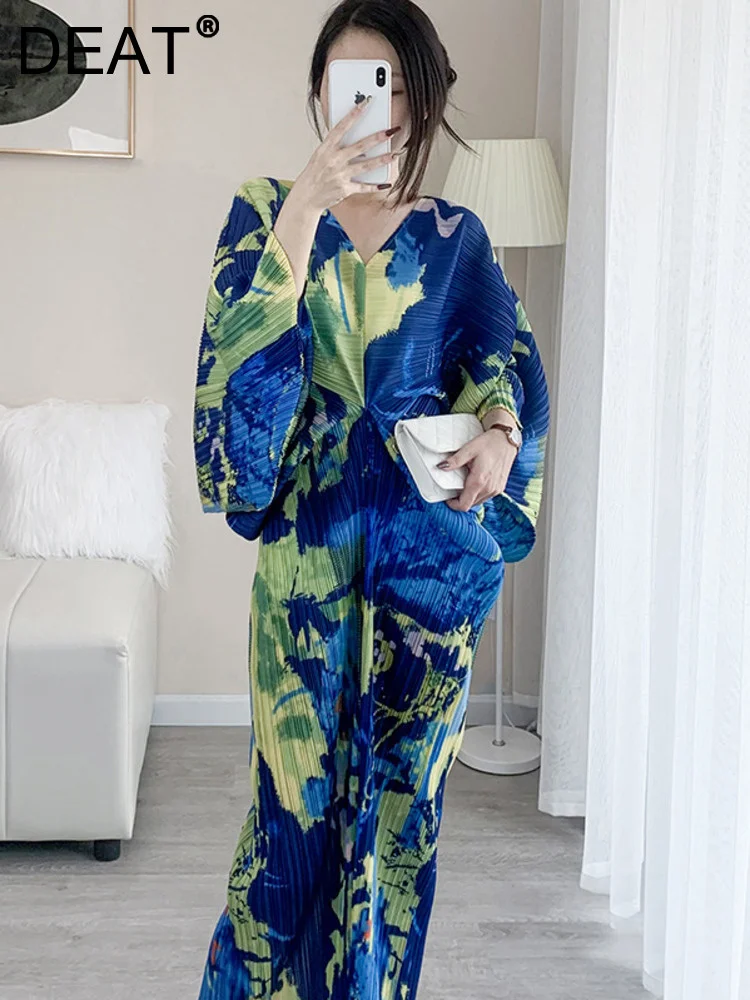

DEAT Pleated Batwing Sleeve Dress 2024 Summer Elegant Lady Fashion V-neck Print Color Block Loose Evening Party Clothes 15G1482