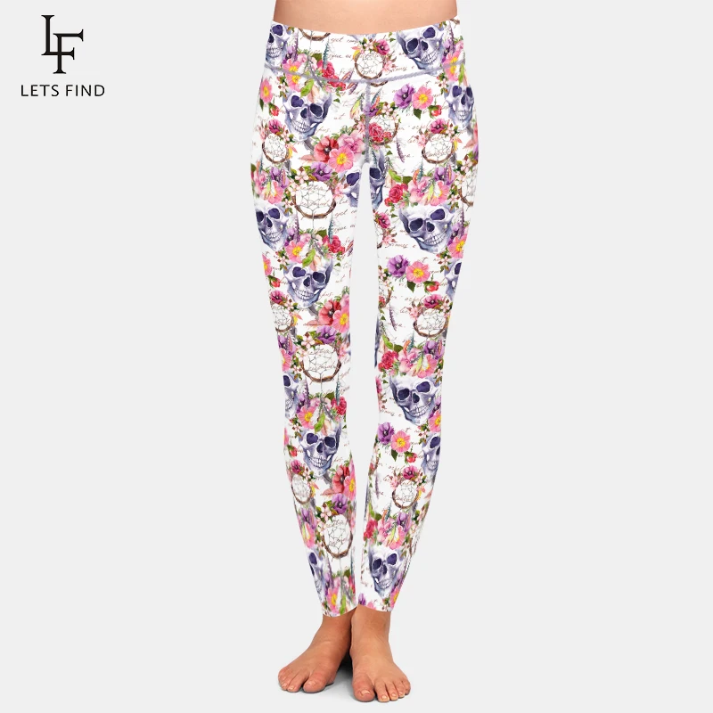 LETSFIND Hot Sales Women High Waist Leggings 3D Skulls, Flowers and Dreamcatcher Print Fitness Pants Sexy Leggings цена и фото