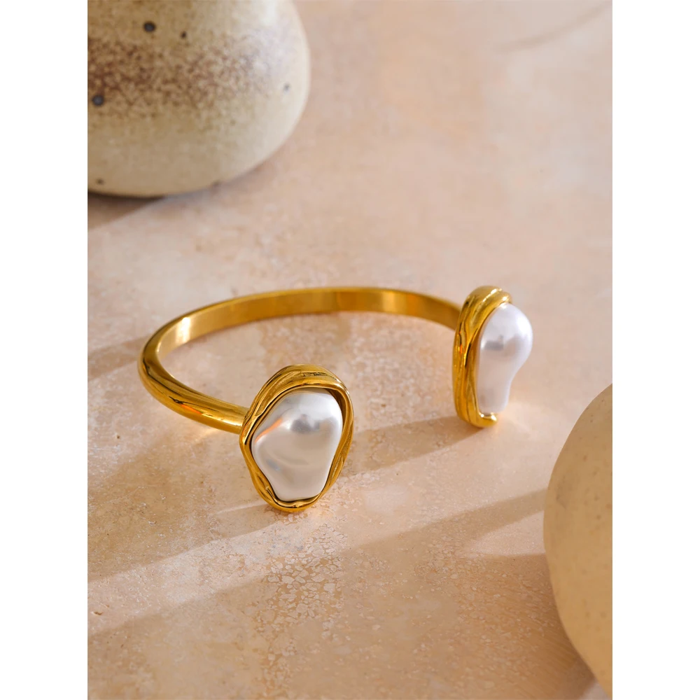 Yhpup 59mm Stainless Steel Baroque Simulated Pearls Cuff Bracelet