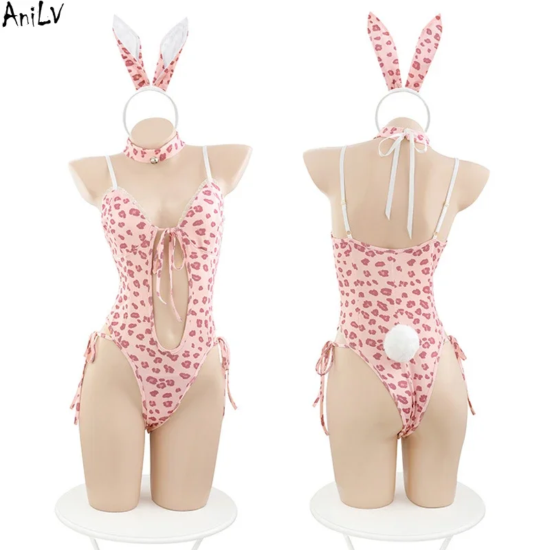 AniLV Pink Sweet Rabbit Easter Uniform Series Candy Girl Maid Cosplay Women Anime Bunny Bodysuit Dress Valentine's Day Costume