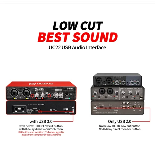 UC22 오디오 인터페이스 사운드 카드, 24 비트 192KHz AD 컨버터, 일렉기타, 라이브 레코딩, 전문 스튜디오, 노래, 팟 캐스트 2