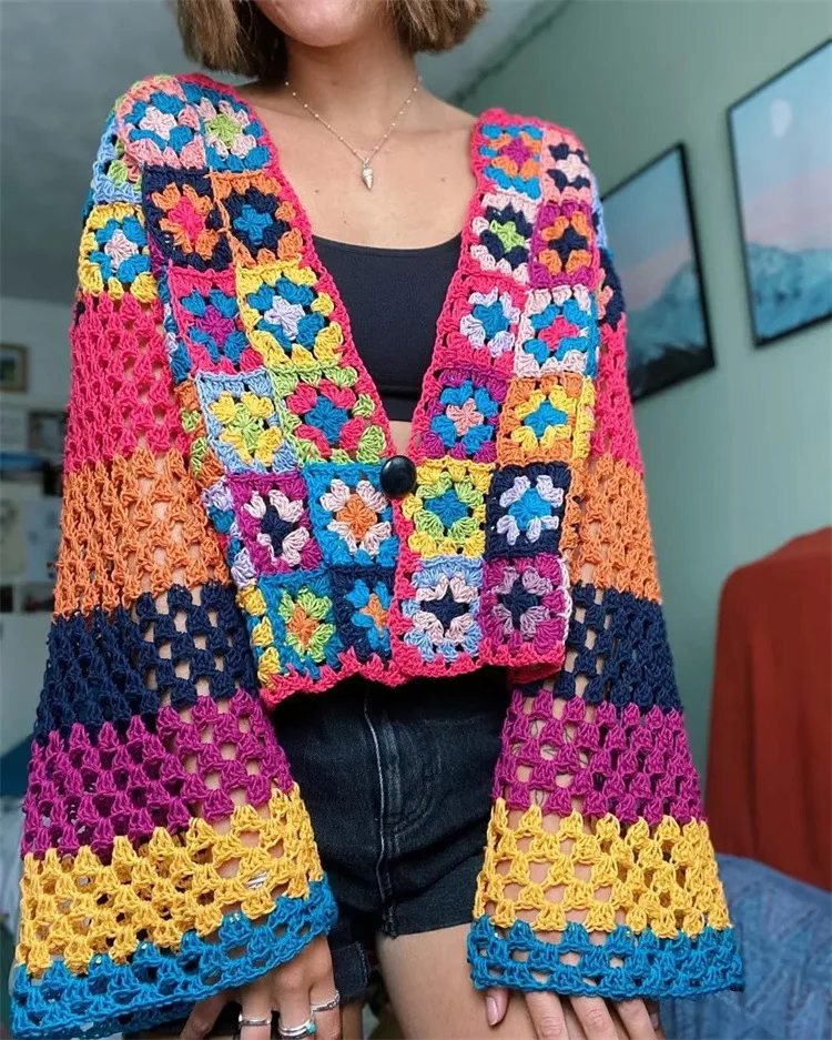 

Casual Loose Ethnic Plaid Jumper Boho Hollow Out Cardigan Sweaters for Women Vintage Deep V Long Sleeve Autumn Sweater 2022