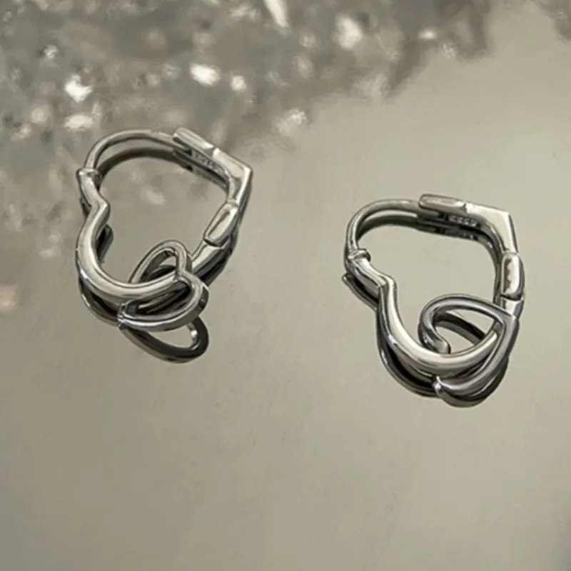 Silver Color Double Heart Hoop Earrings for Women Korean Y2K Style Simple Ear Bukle Jewelrys Accessory Gifts