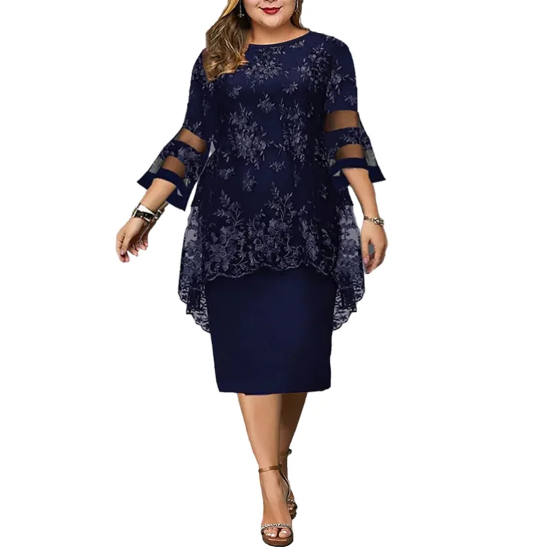 Plus Size Women Clothing New Fashion and Elegant Lace Embroidery Three-quarter Sleeves Solid Color Midi Wedding Party Dress