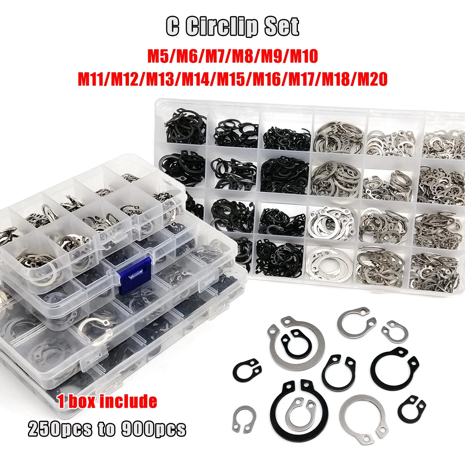 1 Set Mix M5 to M20 Assortment Kit Shaft Bearing Retaining Clip Snap Ring C Type External Circlip Stainless Steel Black 65mn retaining clip