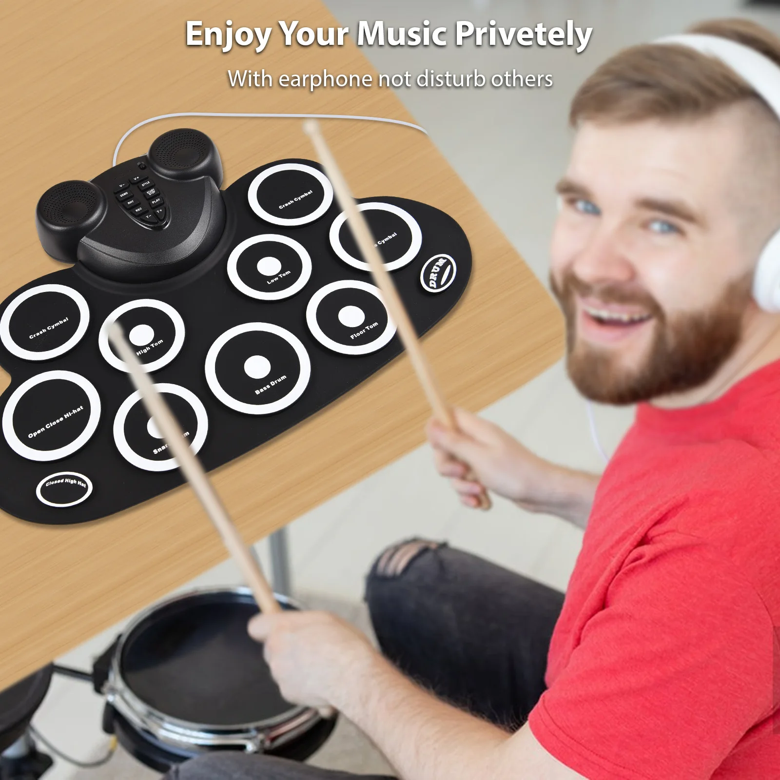 Electronic Drum Set Hand Roll Drum Set with Drumsticks Foot Pedal 9 Pads Dual Speaker Rechargeable Practice Pad Kit